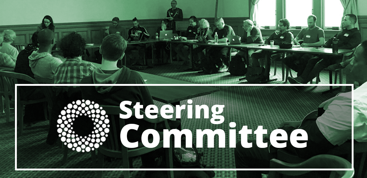 Green-tinged photo of OpenOakland members seated around tables in City Hall overlaid with the words 'Steering Committee' in white.