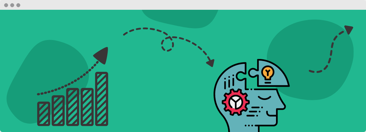 Green, blue, and gray illustration of a bar chart showing progress upward with dashed arrows looping in different directions and a person's smiling head segmented into different pieces as if they're on a journey of learning.