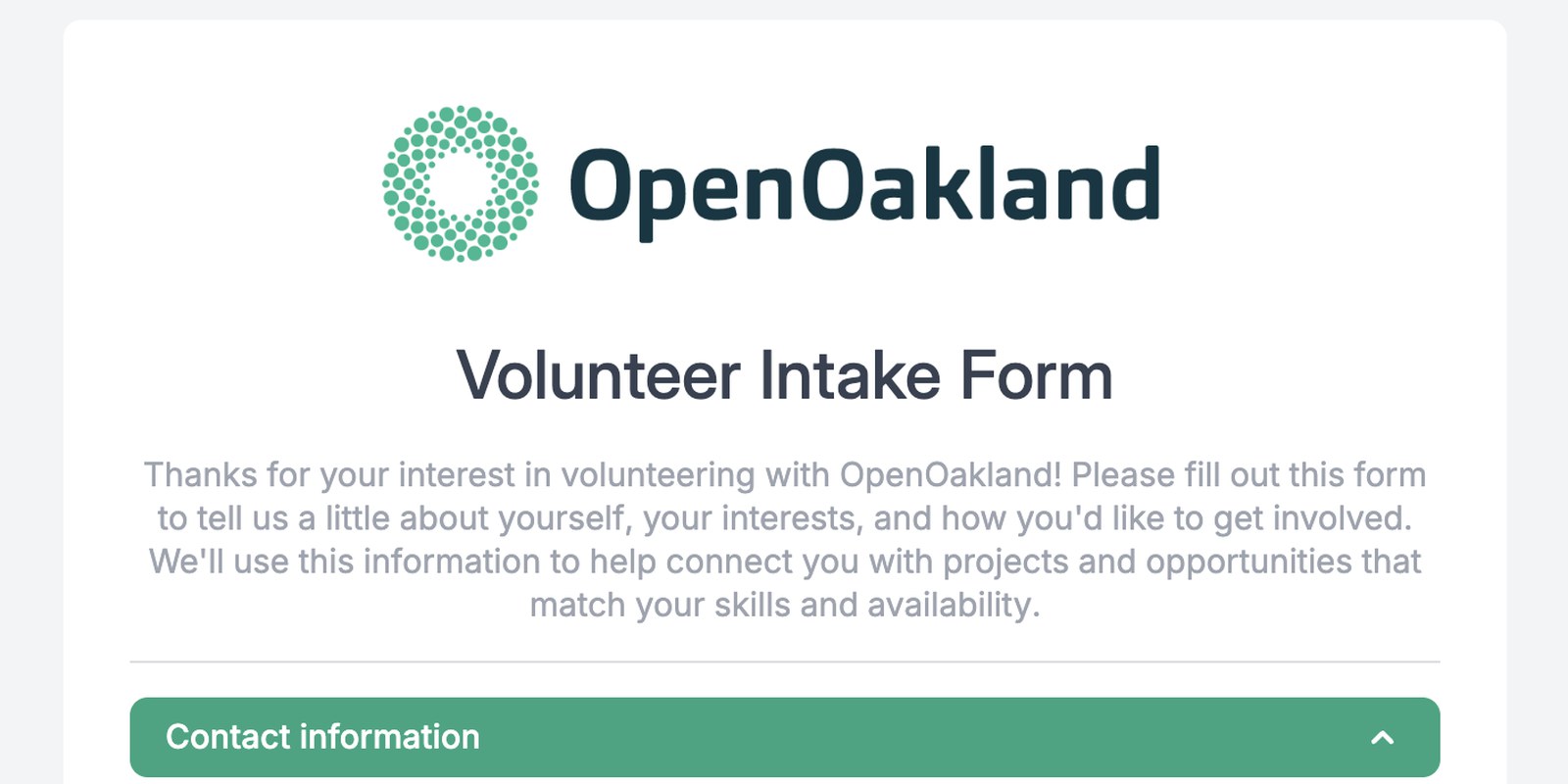 The OpenOakland Volunteer Intake Form, headed by the OpenOakland logo and an invitation to tell us about your interests and how you'd like to get involved