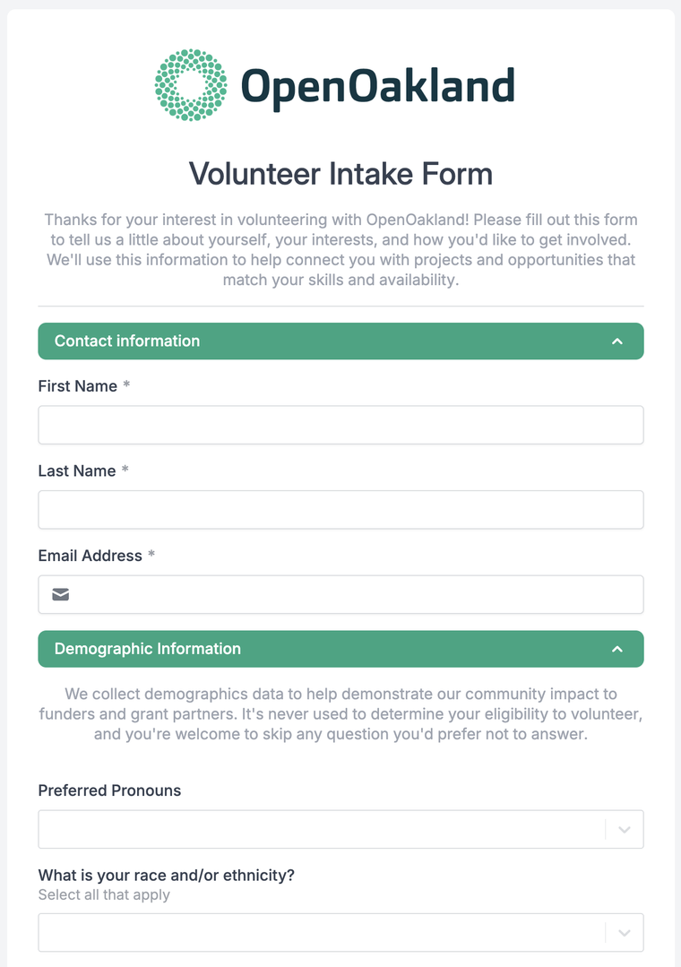 The Volunteer Intake Form's Demographic Information section, noting that the data demonstrates community impact to funders, is never used to determine eligibility to volunteer, and that any question can be skipped