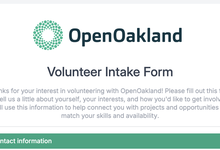 The OpenOakland Volunteer Intake Form, headed by the OpenOakland logo and an invitation to tell us about your interests and how you'd like to get involved