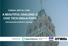Banner for A Beautiful Oakland: A Civic Tech Idea-A-Thon, Tuesday Sept 29, 1-5pm at Northeastern University Oakland